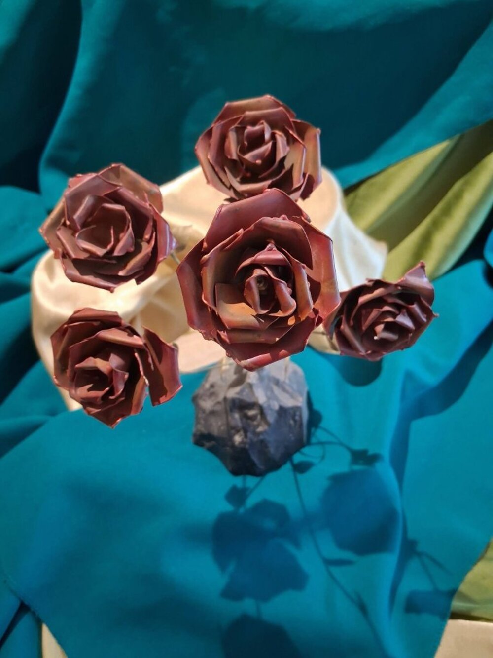 Vintage Brutalist Metal Rose Sculpture on Stone Base Circa 1970s–1980s